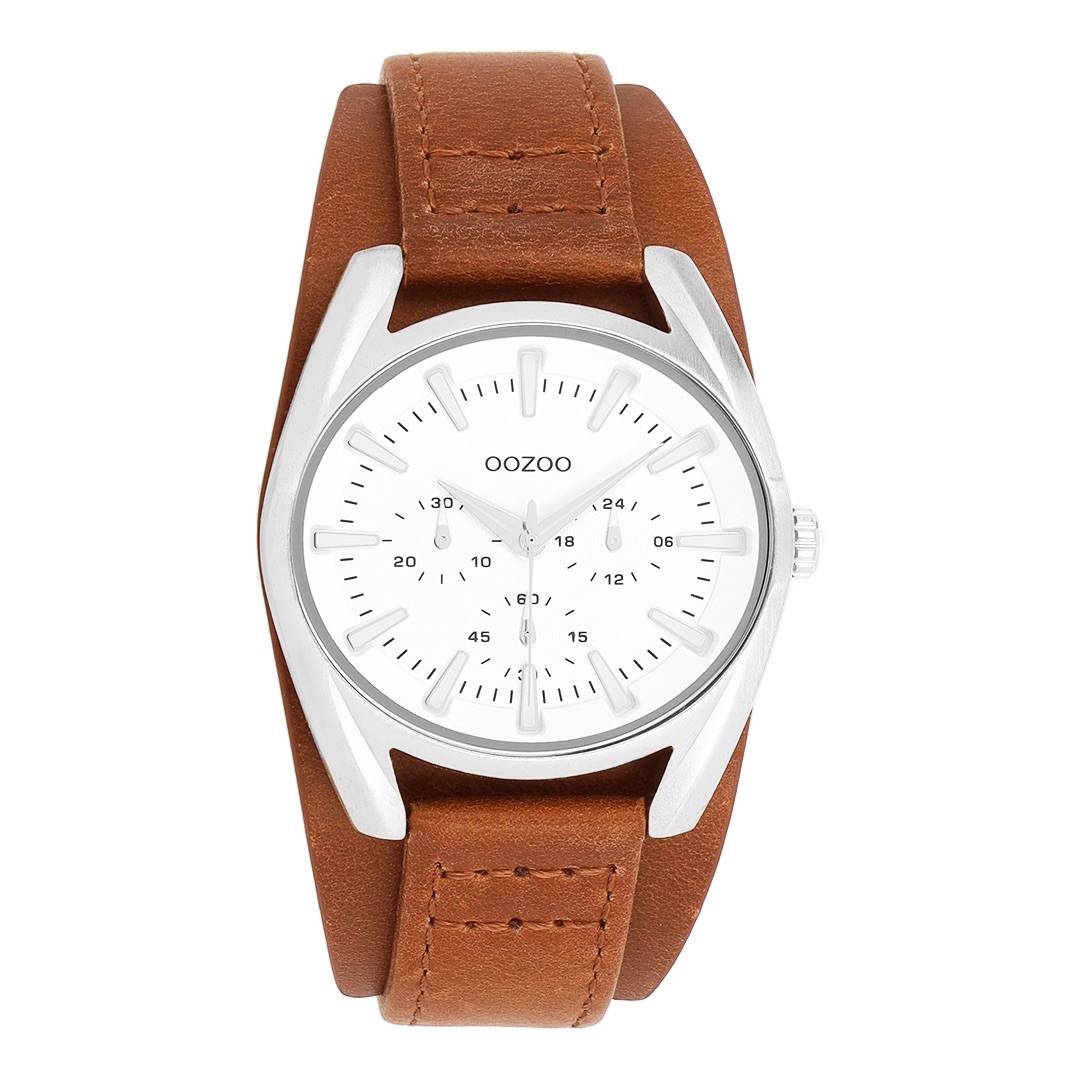Silver coloured OOZOO watch with brown leather strap